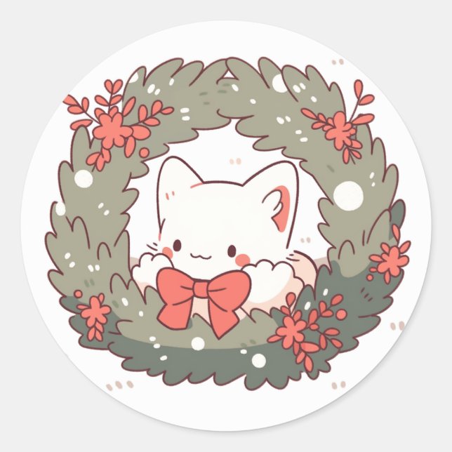 Merry Christmas Cute Kitty Cat  Classic Round Sticker (Front)