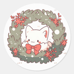 Merry Christmas Cute Kitty Cat  Classic Round Sticker