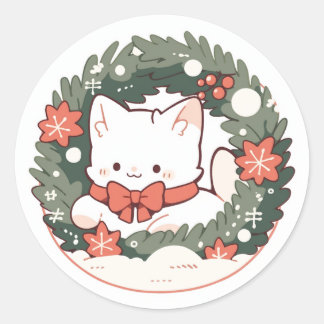 Merry Christmas Cute Kitty Cat  Classic Round Sticker