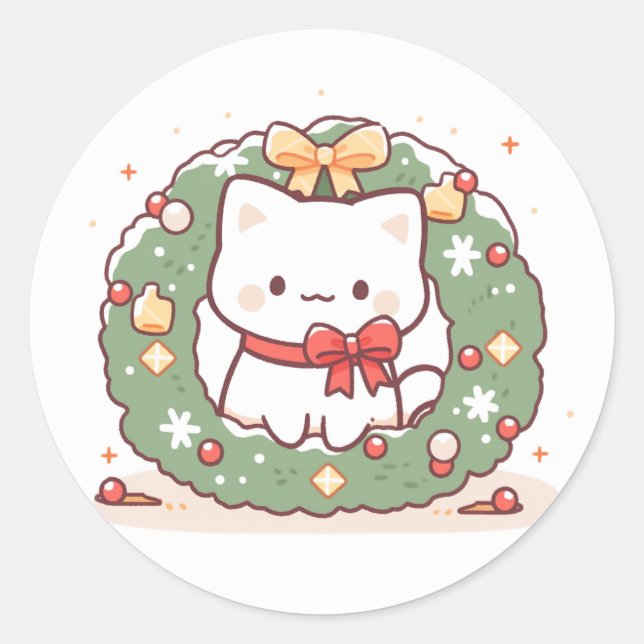 Merry Christmas Cute Kitty Cat  Classic Round Sticker (Front)