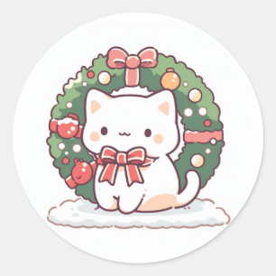 Merry Christmas Cute Kitty Cat  Classic Round Sticker