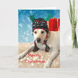 Merry Christmas Cute Labrador Dog with Antler Hat Holiday Card