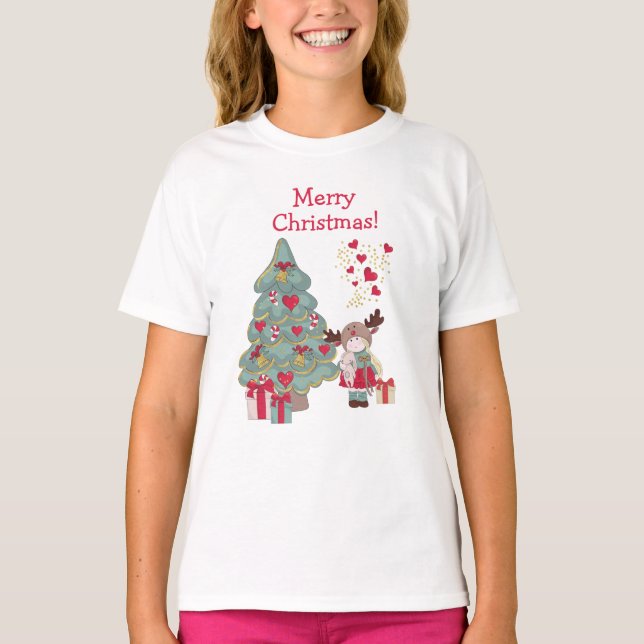 Merry Christmas - Cute Little Girl, Tree, Presents T-Shirt (Front)