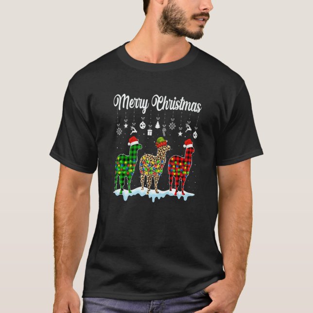 Merry Christmas Cute Llama  Xmas Leopard Plaid T-Shirt (Front)