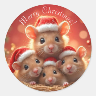 Merry Christmas - Cute Mice in Santa Hats Classic Round Sticker