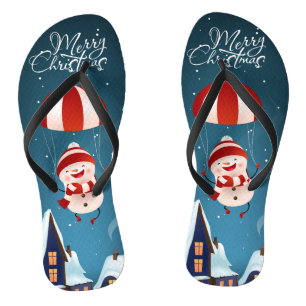 Merry Christmas Cute Modern Parachuting Snowman Flip Flops