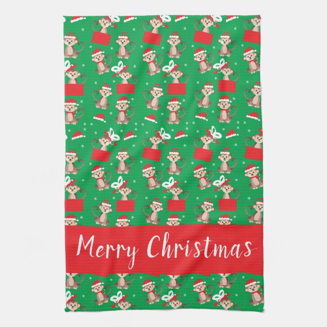 Merry Christmas Cute Monkey Holiday Pattern Red Tea Towel (Vertical)