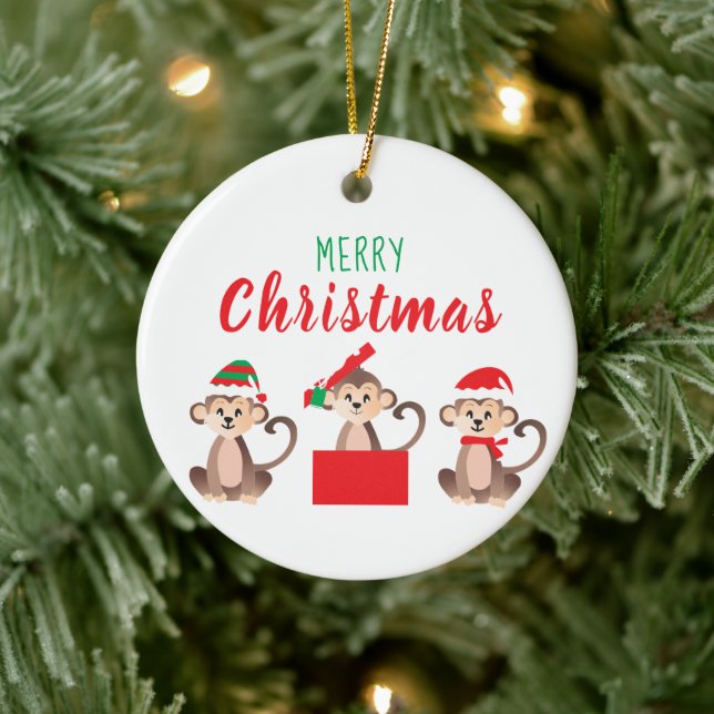 Merry Christmas Cute Monkeys Christmas Hats Ceramic Tree Decoration (Tree)