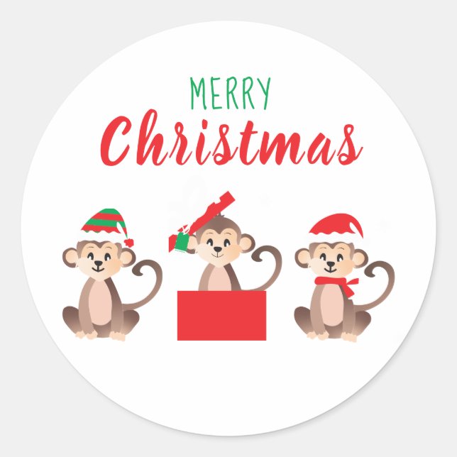 Merry Christmas Cute Monkeys Christmas Hats Classic Round Sticker (Front)