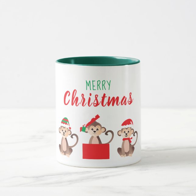 Merry Christmas Cute Monkeys Christmas Hats Mug (Center)