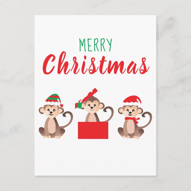 Merry Christmas Cute Monkeys Christmas Hats Postcard (Front)