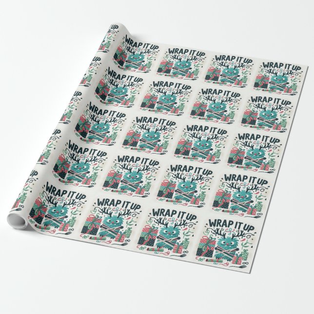 Merry Christmas Cute monster gift wrapped Wrapping Paper (Unrolled)