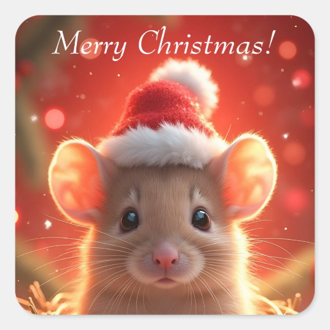 Merry Christmas - Cute Mouse in Santa Hat Square Sticker (Front)
