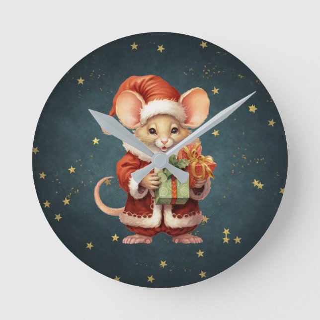 Merry Christmas Cute Mouse Round Clock (Front)