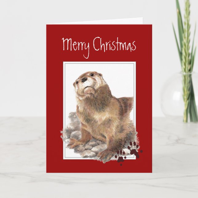 Merry Christmas, Cute Otter Animal Holiday Card (Front)