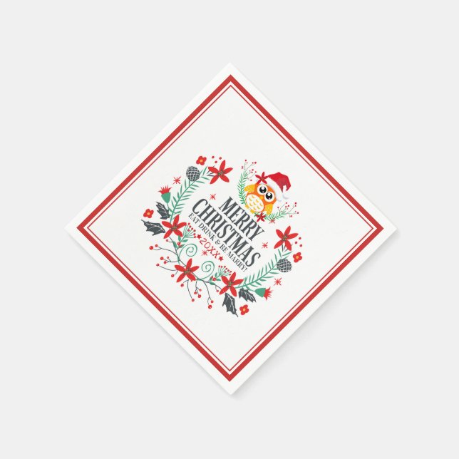 Merry Christmas Cute Owl Wreath Napkin (Corner)