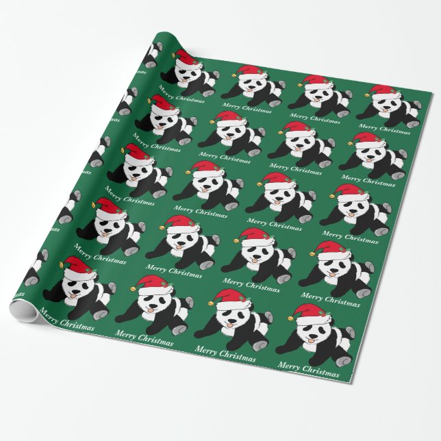Merry Christmas Cute Panda Bear Custom Wrapping Paper (Unrolled)