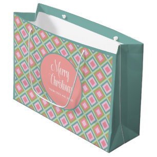 Merry Christmas Cute Pastel Pink Teal Green Large Gift Bag