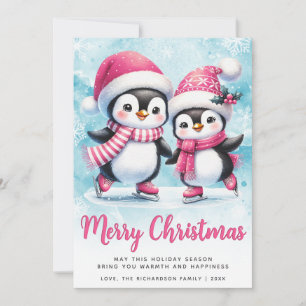Merry Christmas Cute Penguin Ice Skaters Blue Pink Holiday Card