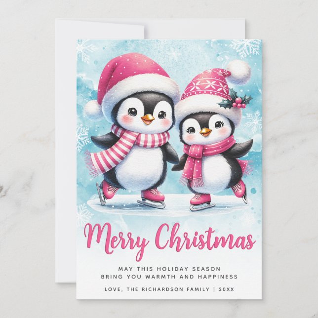 Merry Christmas Cute Penguin Ice Skaters Blue Pink Holiday Card (Front)
