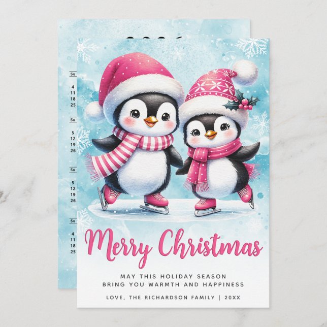 Merry Christmas Cute Penguin Ice Skaters Blue Pink Holiday Card (Front/Back)