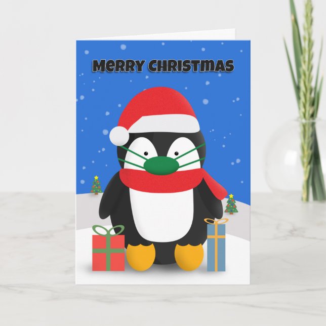 Merry Christmas Cute Penguin in Pandemic Face Mask Holiday Card (Front)