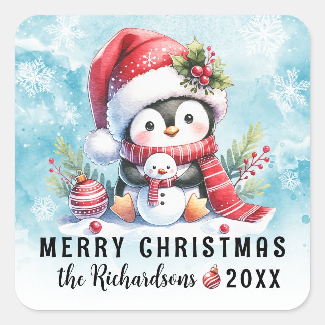 Merry Christmas Cute Penguin Snowy and Red Custom Square Sticker (Front)