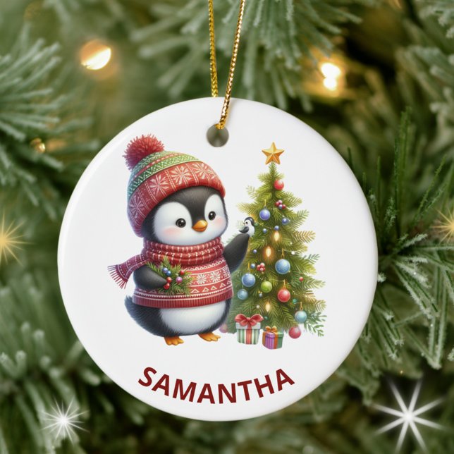 Merry Christmas Cute Penguin with Christmas Tree Ceramic Tree Decoration (Creator Uploaded)