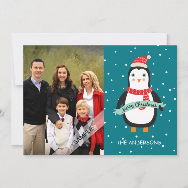 Merry Christmas Cute Penquin Personalised Photo Holiday Card (Front)