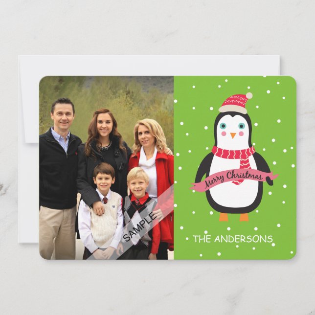 Merry Christmas Cute Penquin Personalised Photo Holiday Card (Front)