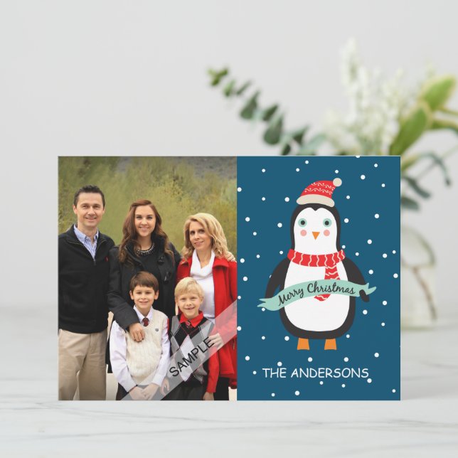 Merry Christmas Cute Penquin Personalised Photo Holiday Card (Standing Front)