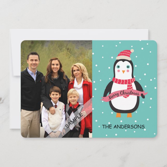 Merry Christmas Cute Penquin Personalised Photo Holiday Card (Front)