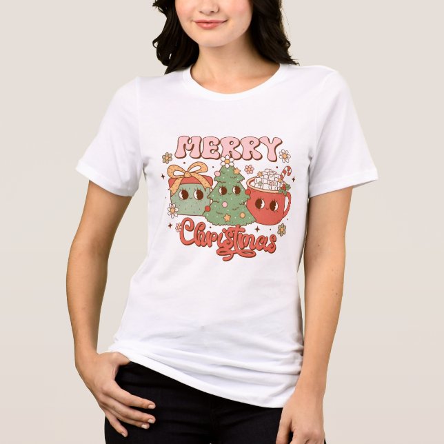Merry Christmas Cute Pine Tree, Present and Cocoa Tri-Blend Shirt (Front)