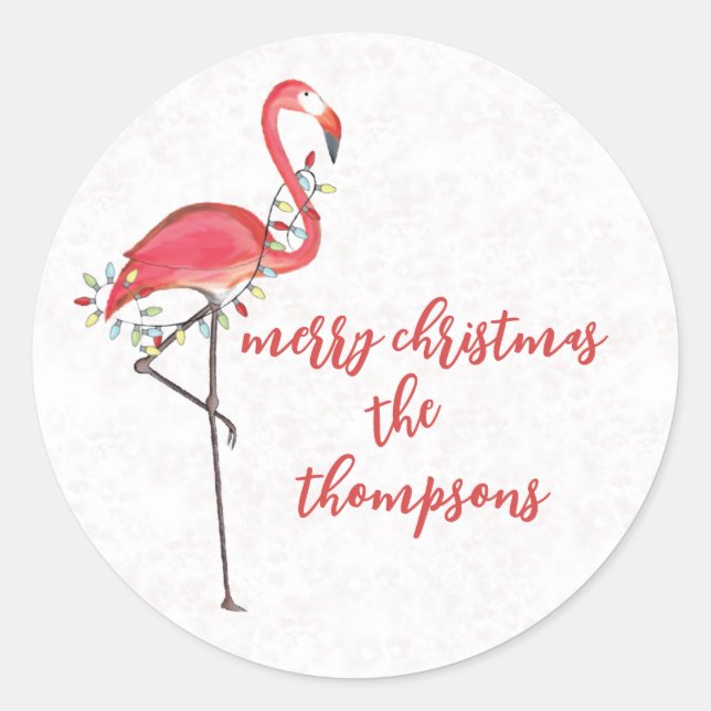 Merry Christmas Cute Pink Flamingo String Lights Classic Round Sticker (Front)