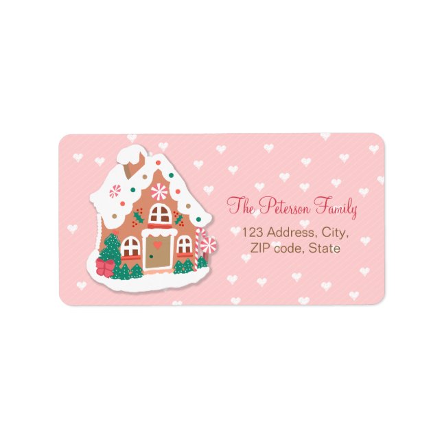 Merry Christmas Cute Pink Snowy Gingerbread House  Label (Front)