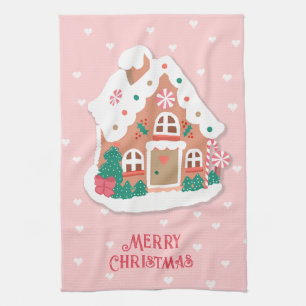 Merry Christmas Cute Pink Snowy Gingerbread House Tea Towel