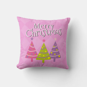 Merry Christmas Cute Pink Trees Cushion