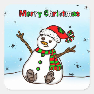 Merry Christmas Cute Plump Snowman Square Sticker