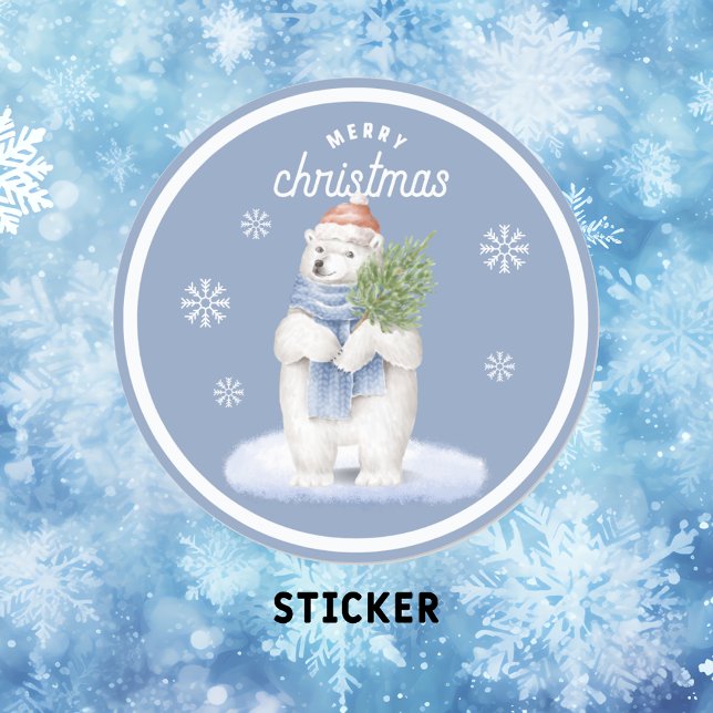 Merry Christmas Cute Polar Bear Classic Round Sticker (Creator Uploaded)