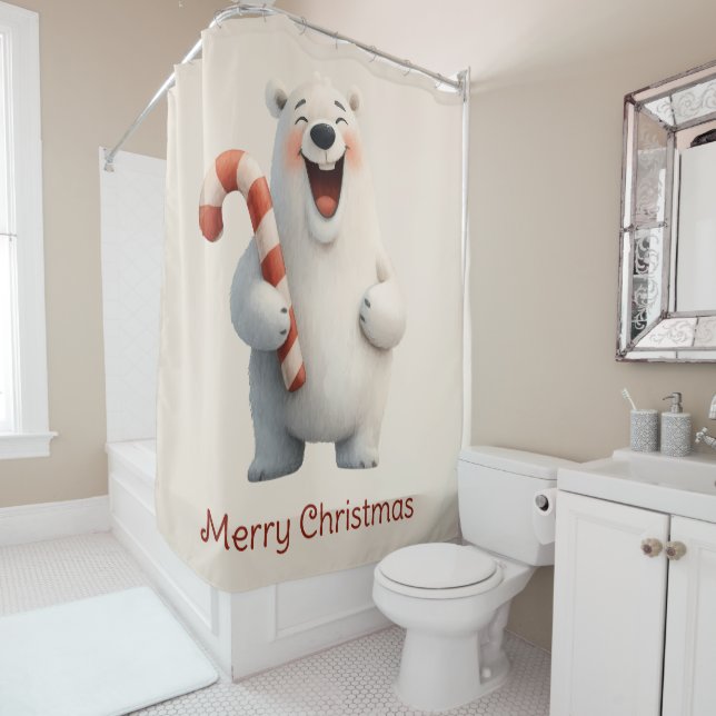 Merry Christmas Cute Polar Bear Design Shower Curtain (In Situ)