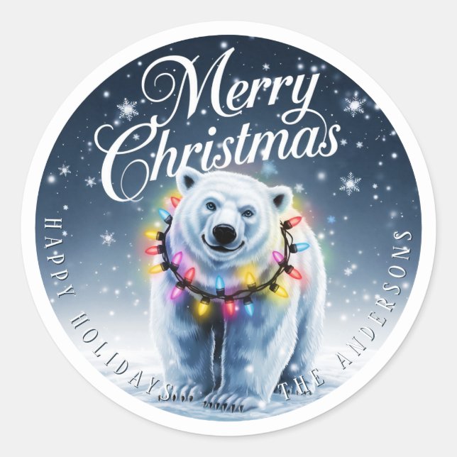 Merry Christmas Cute Polar Bear & Snow Custom Clas Classic Round Sticker (Front)