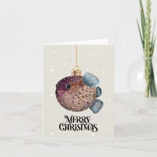 Merry Christmas Cute Pufferfish Ornament Whimsical Holiday Card
