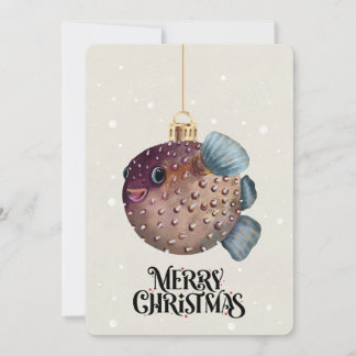 Merry Christmas Cute Pufferfish Ornament Whimsical Holiday Card