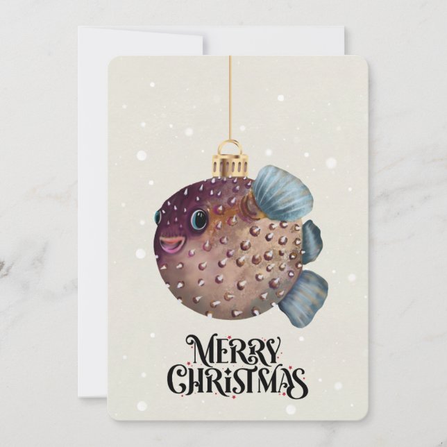 Merry Christmas Cute Pufferfish Ornament Whimsical Holiday Card (Front)