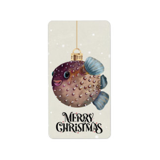 Merry Christmas Cute Pufferfish Ornament Whimsical Label