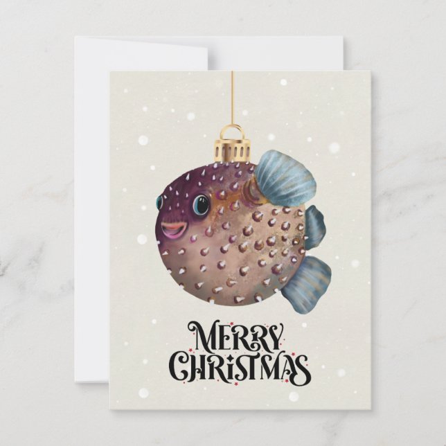Merry Christmas Cute Pufferfish Ornament Whimsical RSVP Card (Front)