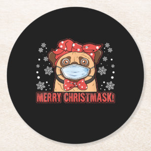 Merry Christmas Cute Pug Dog Breed Furry Round Paper Coaster