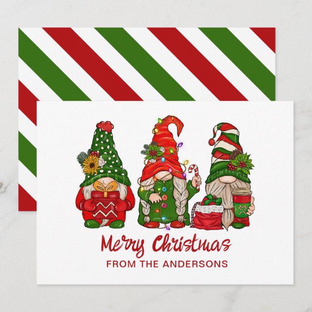 Merry Christmas Cute Red And Green Gnomes Holiday Card (Front/Back)