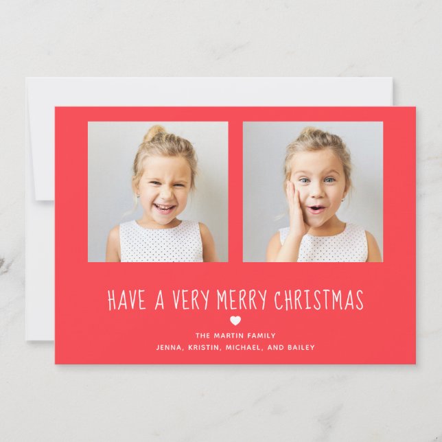 Merry Christmas | Cute Red and White Two Photo Holiday Card (Front)