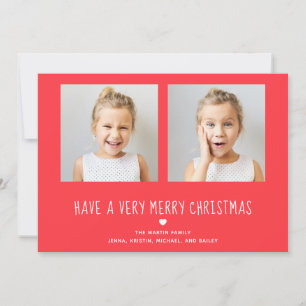 Merry Christmas   Cute Red and White Two Photo Holiday Card